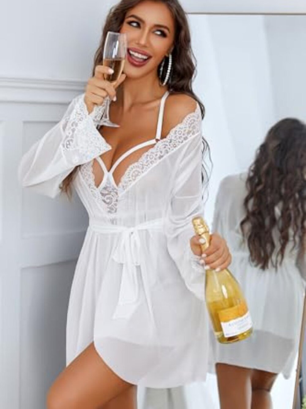 Sexy 3 Piece Lingerie Set Mesh Strap Babydoll and Lace Kimono Robe with Lace Tho - Picture 2 of 6